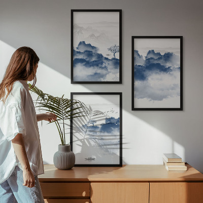Conjunto de 3 quadros com moldura Montanhas, nuvens, árvores, pássaros