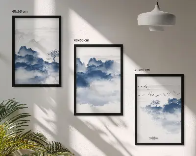Conjunto de 3 quadros com moldura com estampas de montanhas, nuvens, árvores e pássaros