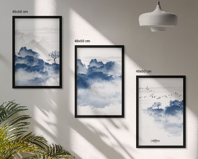 Conjunto de 3 quadros com moldura Montanhas, nuvens, árvores, pássaros