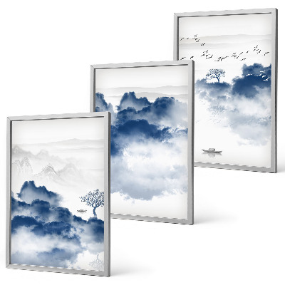 Conjunto de 3 quadros com moldura Montanhas, nuvens, árvores, pássaros