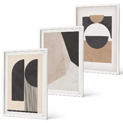 Conjunto de quadros para sala de estar com estampas de formas abstratas em tons de bege e marrom