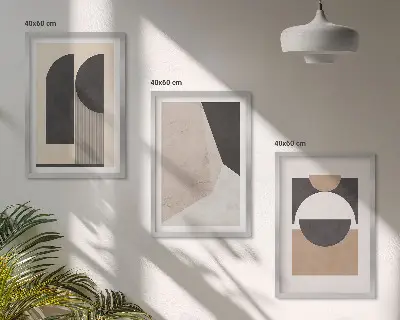 Conjunto de quadros para sala de estar com estampas de formas abstratas em tons de bege e marrom