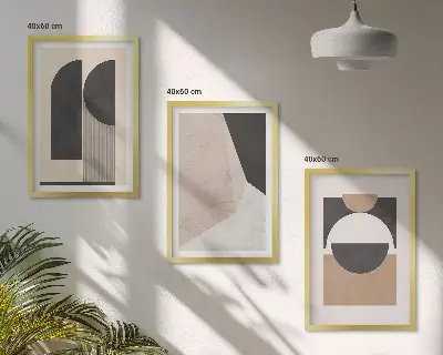 Conjunto de quadros para sala de estar com estampas de formas abstratas em tons de bege e marrom
