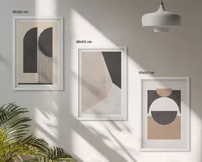 Conjunto de quadros para sala de estar com estampas de formas abstratas em tons de bege e marrom