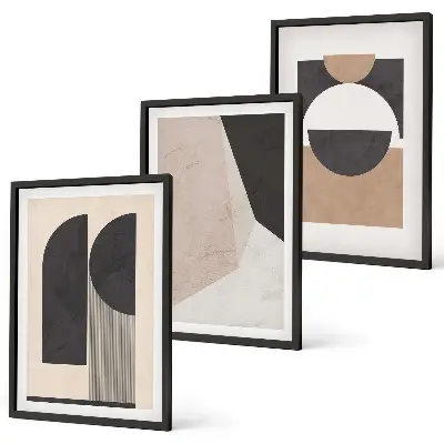 Conjunto de quadros para sala de estar com estampas de formas abstratas em tons de bege e marrom