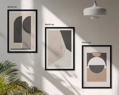 Conjunto de quadros para sala de estar com estampas de formas abstratas em tons de bege e marrom