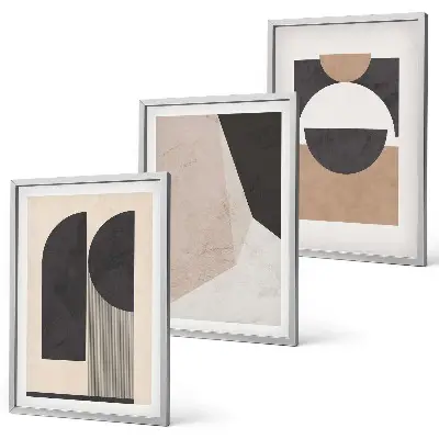 Conjunto de quadros para sala de estar com estampas de formas abstratas em tons de bege e marrom