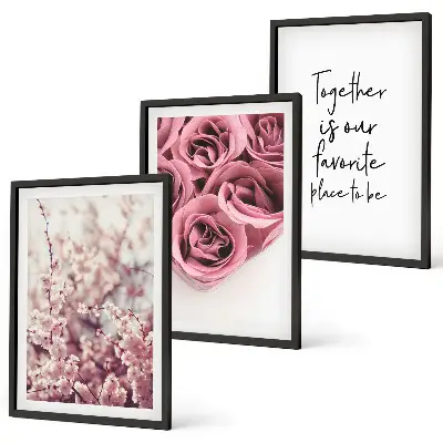Conjunto de 3 quadros com moldura com estampas de buquês de rosas e inscrição