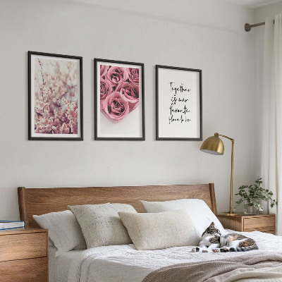 Conjunto de 3 quadros com moldura Buquês de rosas com inscrição