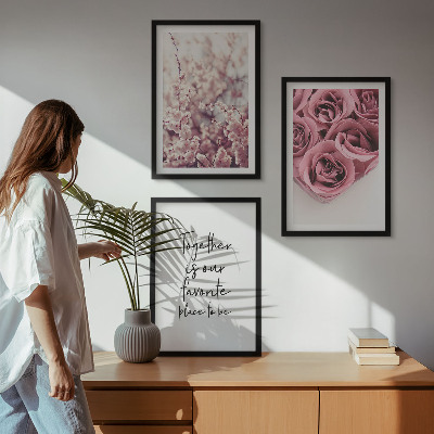 Conjunto de 3 quadros com moldura Buquês de rosas com inscrição