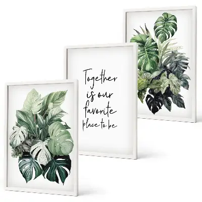 Conjunto de quadros para sala de estar com estampas de folhas verdes de plantas tropicais