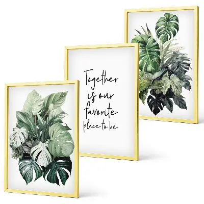 Conjunto de quadros para sala de estar com estampas de folhas verdes de plantas tropicais