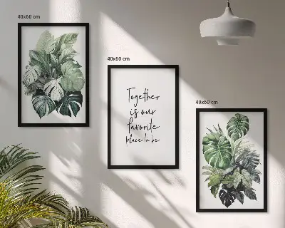 Conjunto de quadros para sala de estar com estampas de folhas verdes de plantas tropicais