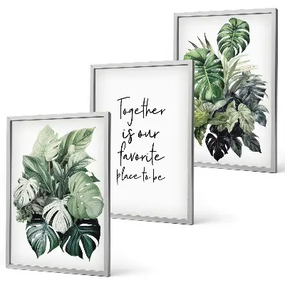 Conjunto de quadros para sala de estar com estampas de folhas verdes de plantas tropicais