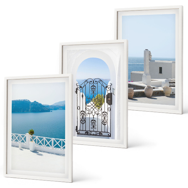 Conjunto de 3 quadros com moldura Edifícios do Mar Branco, Grécia