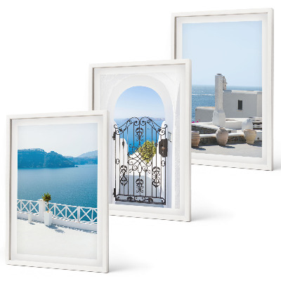 Conjunto de 3 quadros com moldura Edifícios do Mar Branco, Grécia