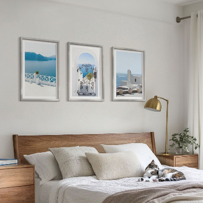 Conjunto de 3 quadros com moldura Edifícios do Mar Branco, Grécia