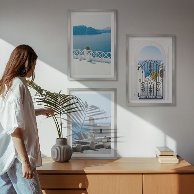 Conjunto de 3 quadros com moldura Edifícios do Mar Branco, Grécia
