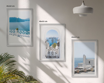Conjunto de 3 quadros com moldura Edifícios do Mar Branco, Grécia