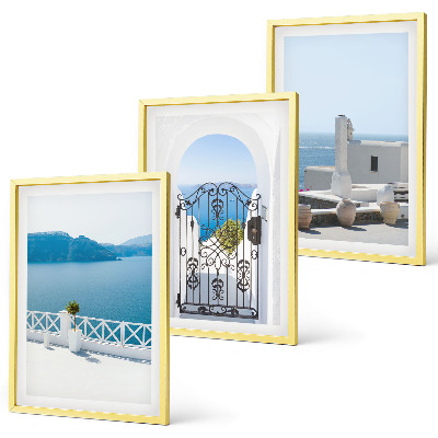 Conjunto de 3 quadros com moldura Edifícios do Mar Branco, Grécia
