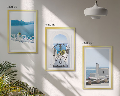 Conjunto de 3 quadros com moldura Edifícios do Mar Branco, Grécia