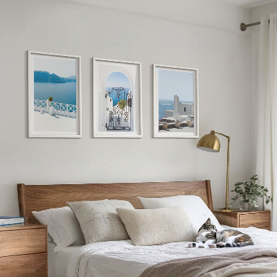 Conjunto de 3 quadros com moldura Edifícios do Mar Branco, Grécia