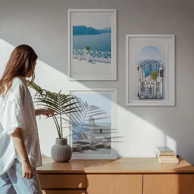 Conjunto de 3 quadros com moldura Edifícios do Mar Branco, Grécia