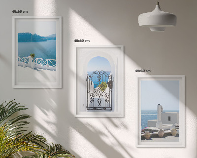 Conjunto de 3 quadros com moldura Edifícios do Mar Branco, Grécia