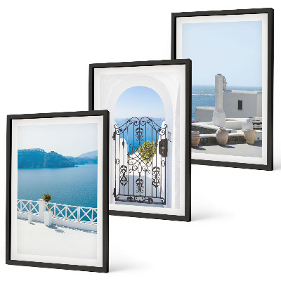 Conjunto de 3 quadros com moldura Edifícios do Mar Branco, Grécia