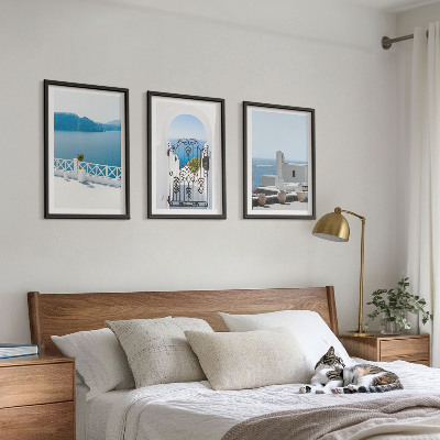Conjunto de 3 quadros com moldura Edifícios do Mar Branco, Grécia