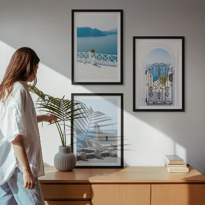 Conjunto de 3 quadros com moldura Edifícios do Mar Branco, Grécia
