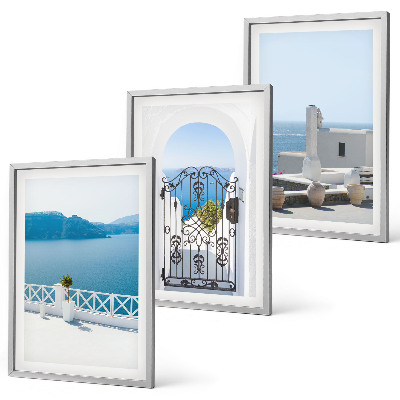 Conjunto de 3 quadros com moldura Edifícios do Mar Branco, Grécia