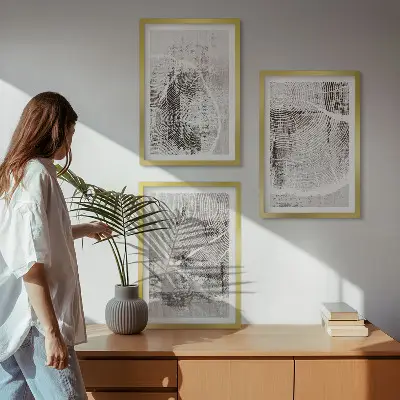 Conjunto de quadros para sala de estar com padrões de grãos de madeira cinza