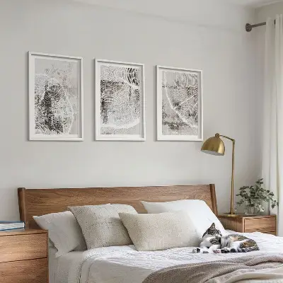 Conjunto de quadros para sala de estar com padrões de grãos de madeira cinza