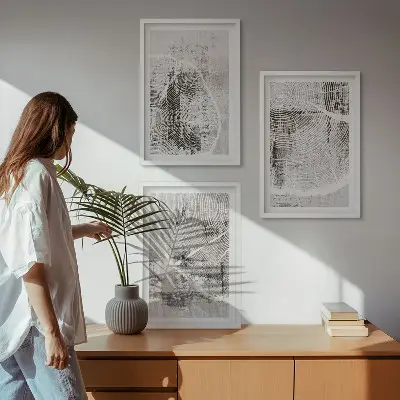 Conjunto de quadros para sala de estar com padrões de grãos de madeira cinza