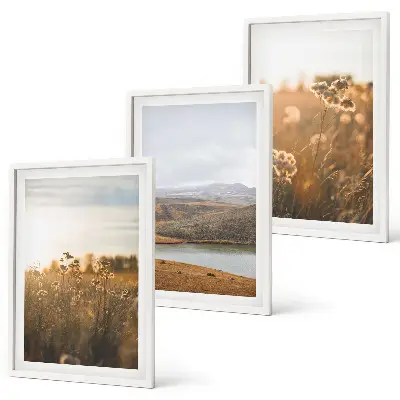 Conjunto de quadros decorativos modernos com paisagens de prados, montanhas e lago