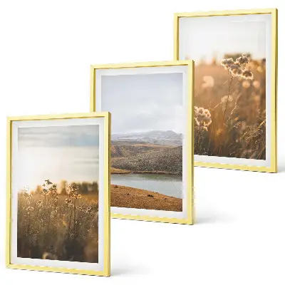 Conjunto de quadros decorativos modernos com paisagens de prados, montanhas e lago