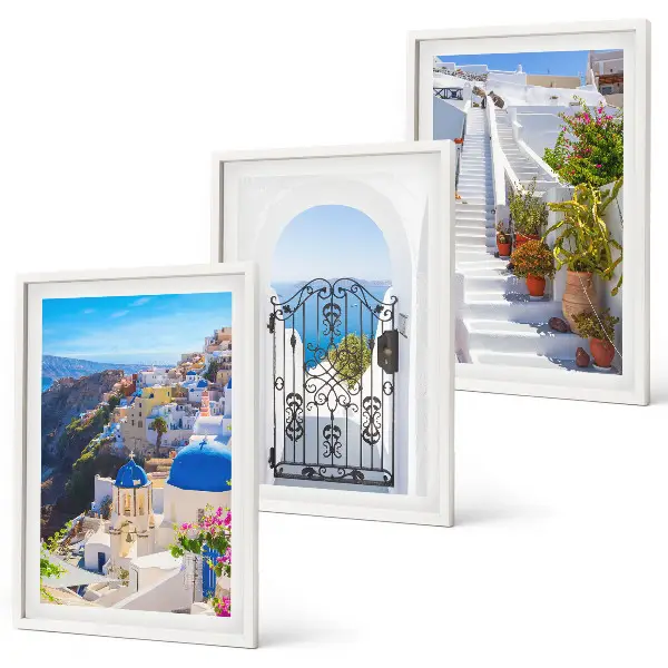 Conjunto de quadros para sala de estar com tema de arquitetura de Santorini Oia
