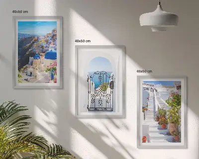 Conjunto de quadros para sala de estar com tema de arquitetura de Santorini Oia