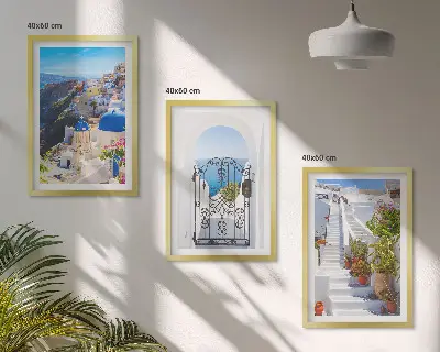 Conjunto de quadros para sala de estar com tema de arquitetura de Santorini Oia