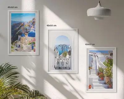 Conjunto de quadros para sala de estar com tema de arquitetura de Santorini Oia