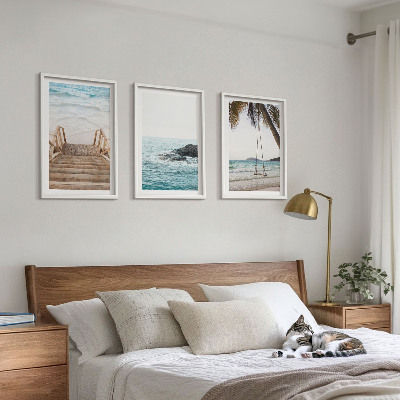 Conjunto de 3 quadros com moldura Balanço de praia com escada