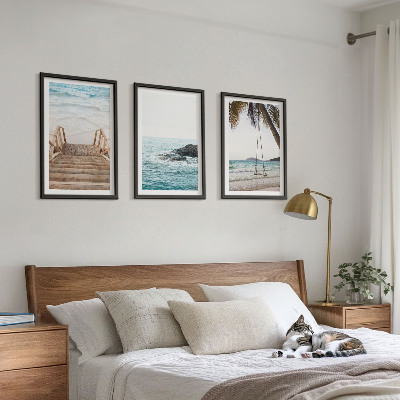 Conjunto de 3 quadros com moldura Balanço de praia com escada