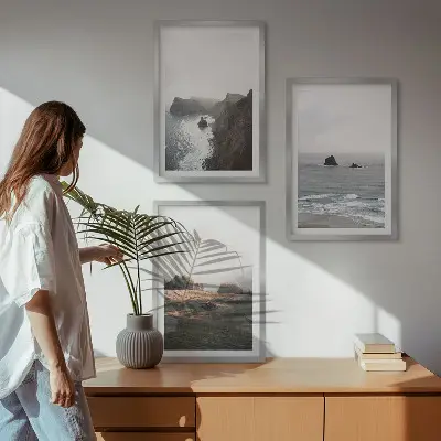Conjunto de quadros para sala de estar com paisagens de montanhas e mar
