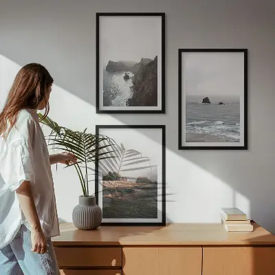 Conjunto de quadros para sala de estar com paisagens de montanhas e mar