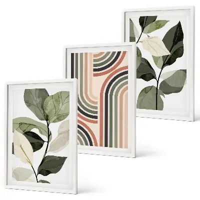 Conjunto de 3 quadros com moldura com motivos geométricos de plantas
