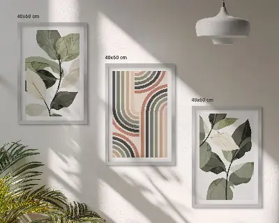 Conjunto de 3 quadros com moldura com motivos geométricos de plantas