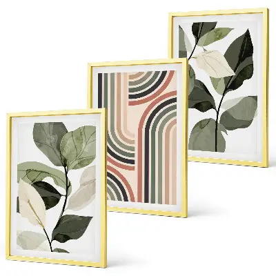Conjunto de 3 quadros com moldura com motivos geométricos de plantas