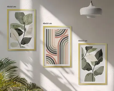 Conjunto de 3 quadros com moldura com motivos geométricos de plantas