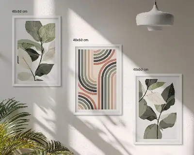 Conjunto de 3 quadros com moldura com motivos geométricos de plantas